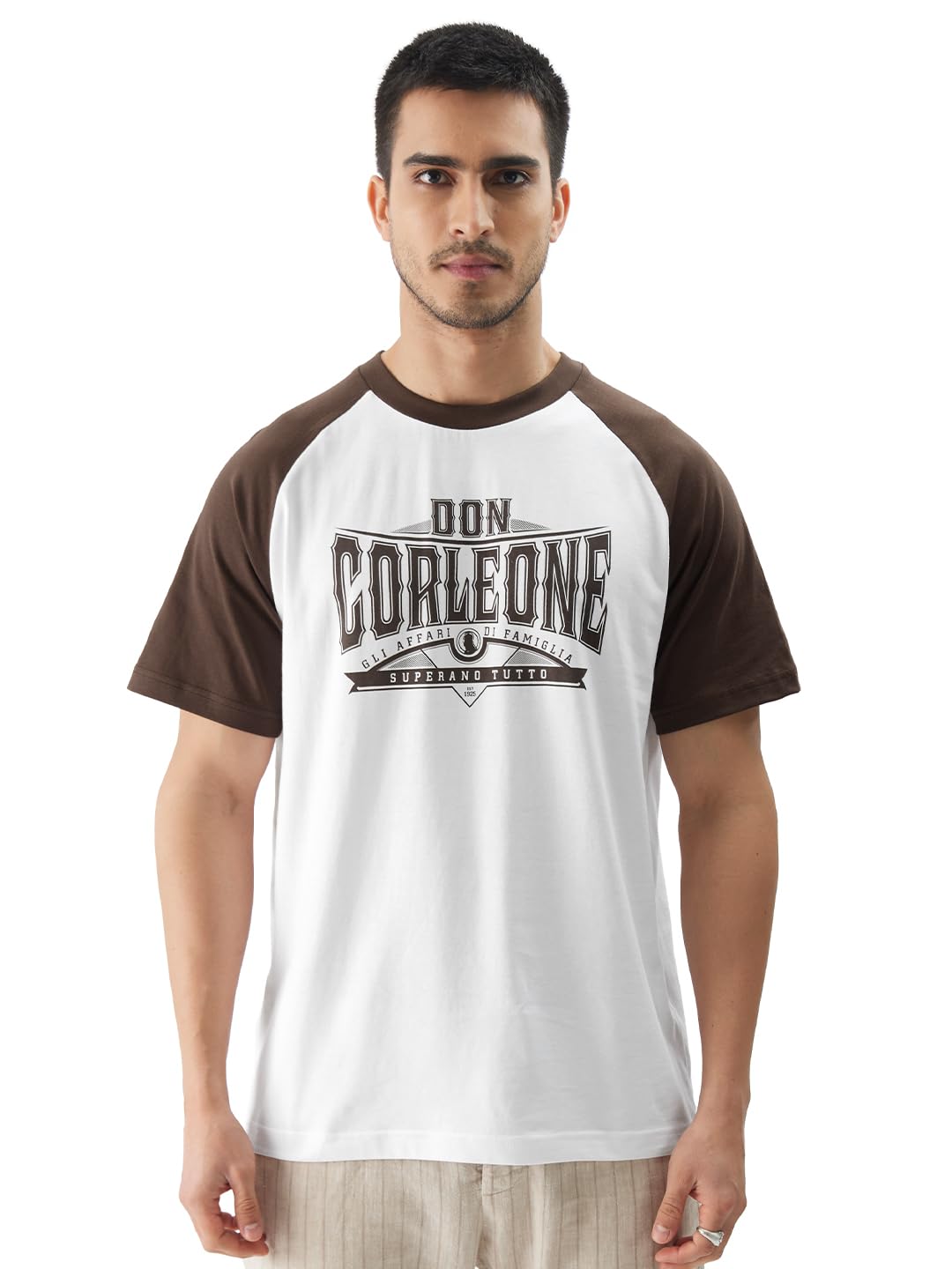 The Souled Store Official The Godfather: Corleone Men and Boys Short Sleeve Round Neck White and Brown Graphic Printed Regular F