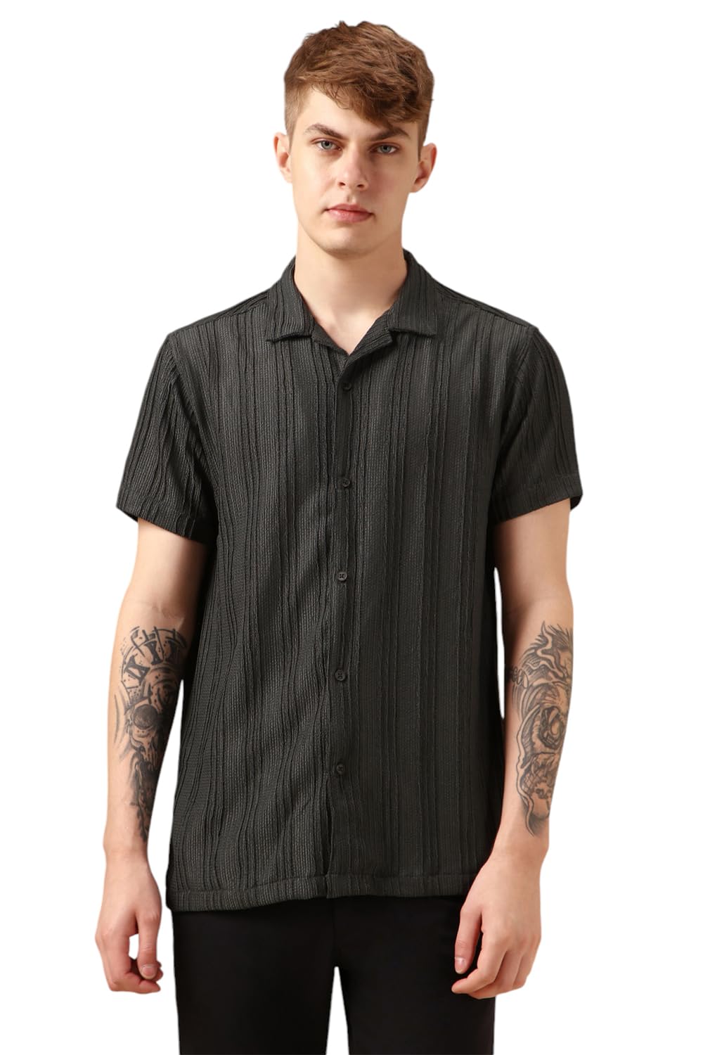 Dennis Lingo Men Navy Blue Poly Seersucker Half Sleeve Shirt Collar Stripes Shirts