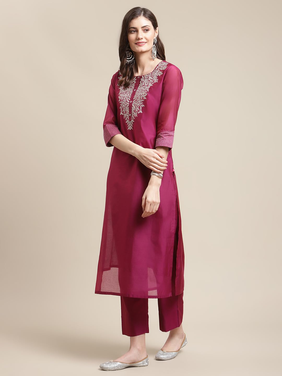 Varanga Women Magenta Zari Embroidery Kurta Trouser Set with Floral Printed Organza Dupatta Elegant Ethnic Wear for Women, Perf