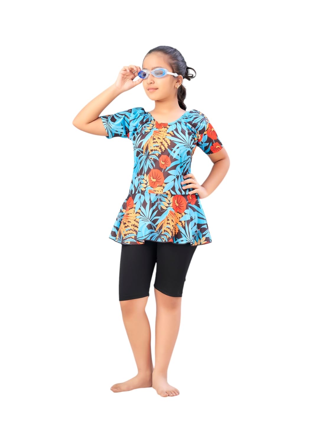 Aarika Girls Sports Wear Firozi-Black Colour Floral Print Nylon Swim Suit (5-15 Years)-(SW-SHM-CA-1115)