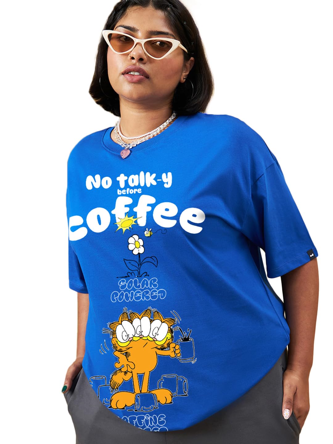 Bewakoof Official Garfield Merchandise Womens Graphic Printed Oversized Fit Half Sleeve Round Neck Cotton Jersey Plus Size T-Sh