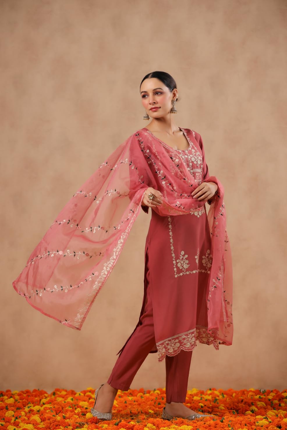 ishin Women's Poly Silk Ethnic Motifs Embroidered Peach Straight Kurta Suit Set with Trousers and Dupatta
