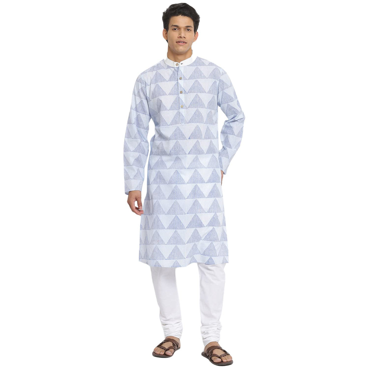 Fabindia Men Bock Print Contrast Chinese Collar Cotton Long Kurta Hand_L Blue