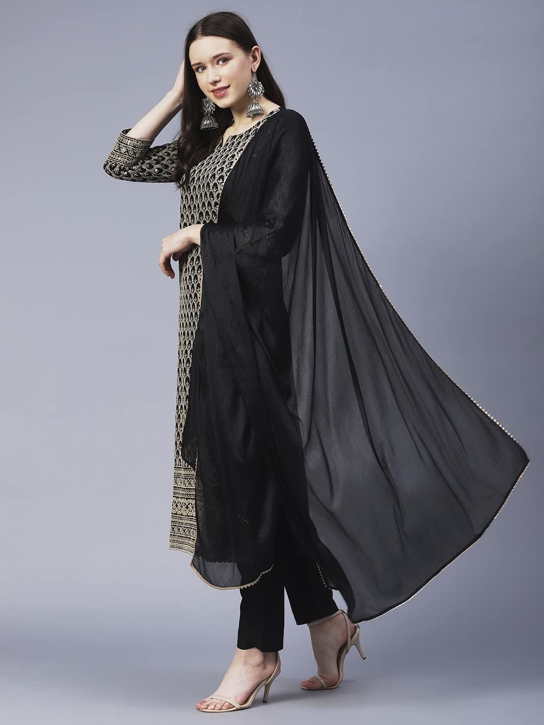 GoSriKi Women's Cotton Blend Embroidered Straight Kurta with Pants & Dupatta (Dumas-27-New)