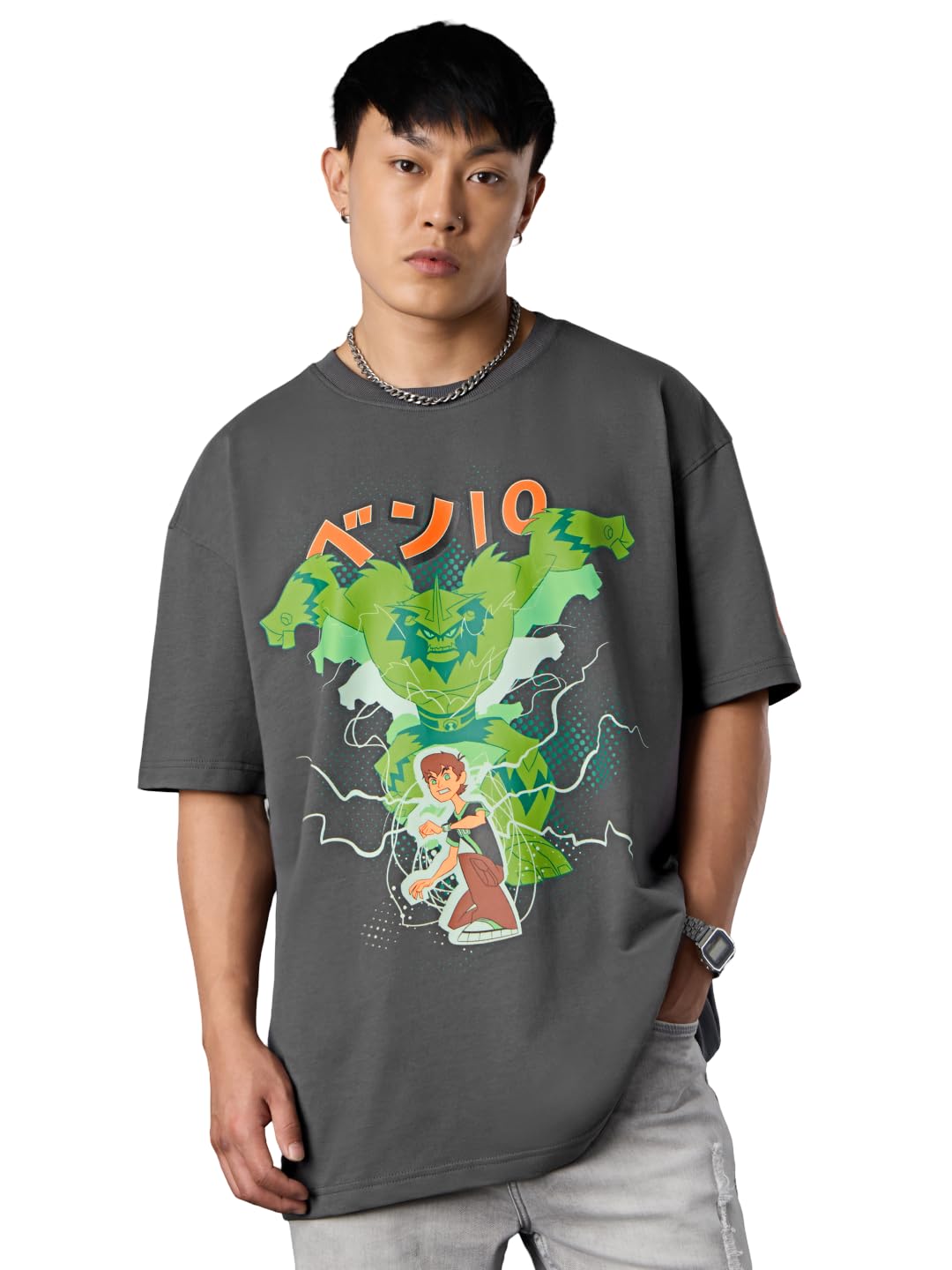 The Souled Store Ben 10 Omniverse: Shocksquatch Men and Boys Short Sleeves Round Neck Grey Graphic Printed Cotton Lightweight Co