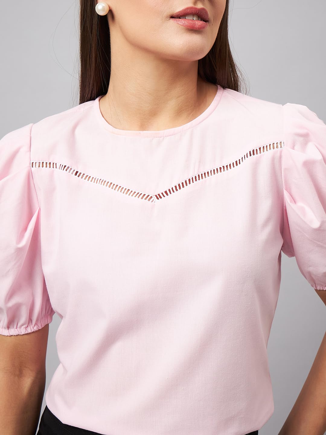 Style Quotient Womens Pink Round Neck Puff Sleeves Smart Top
