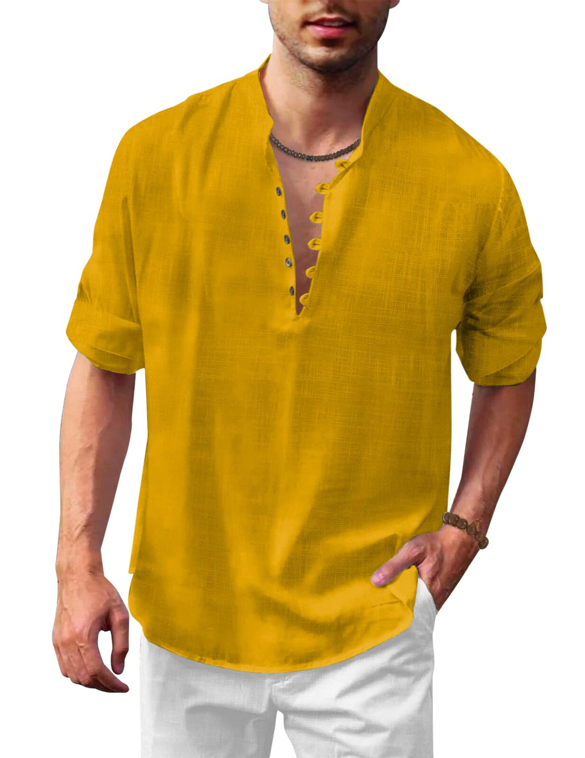 Royalscout MenS Solid Cotton Blend Straight Kurta Shirt | Regular Fit Full Sleeve Short Kurta Gold