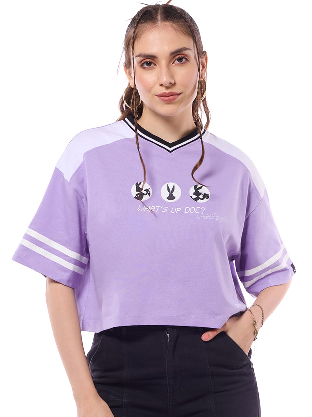 Bewakoof Official Looney Tunes Merchandise Bugs Womens Graphic Printed Oversized Fit Half Sleeve V-Neck Pure Cotton Crop T-Shir