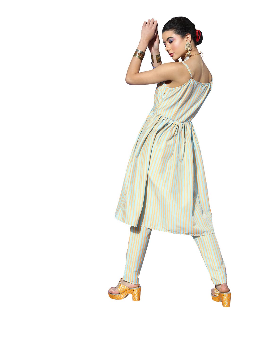 ZIYAA Women's Pista Green Chinon A-line Kurta And Pant Set(ZIKUCH3781ANDPA)