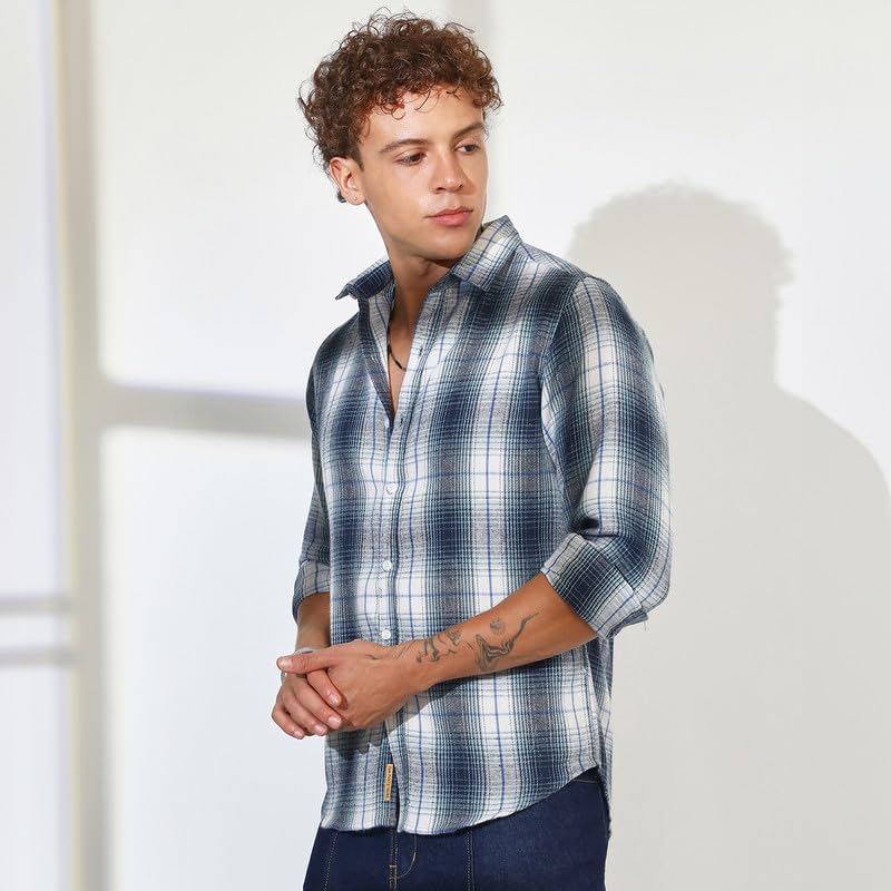 Campus Sutra Mens Navy Blue & Ivory White Ombre Buffalo Check Shirt | Casual Wear | Spread Collar | Long Sleeve | Button Closur