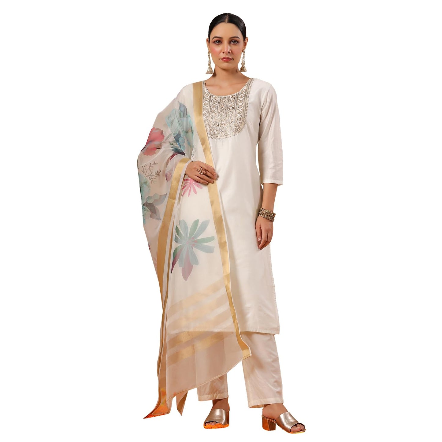 ishin Women's Poly Silk Yoke Design Zari Off White Straight Kurta Suit Set with Trousers and Dupatta