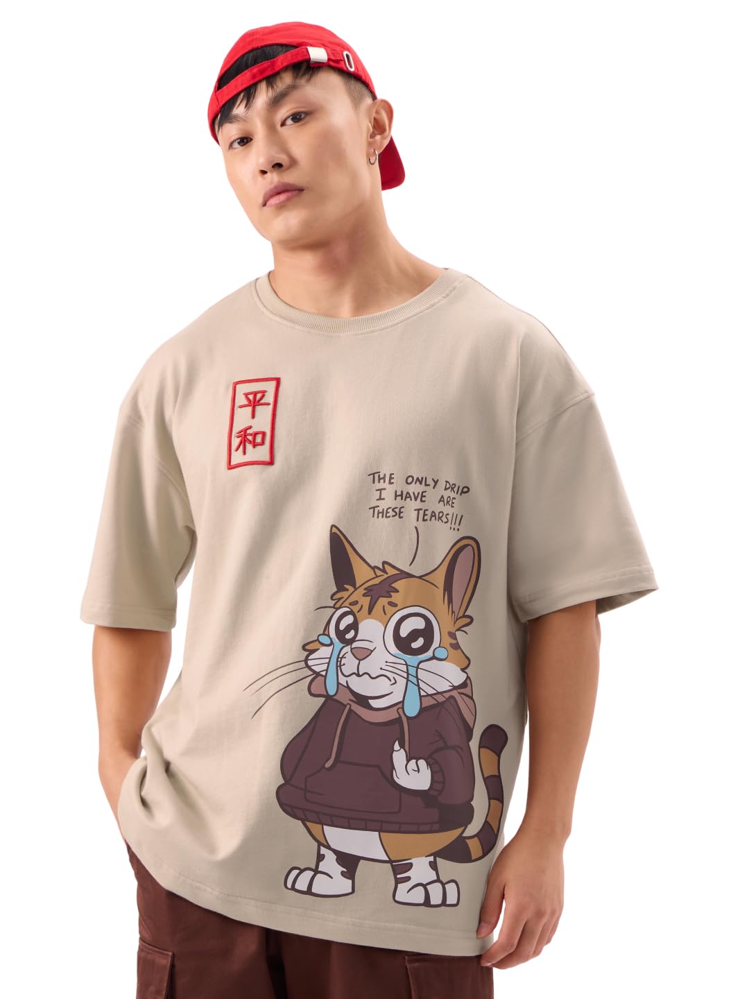 The Souled Store Drippy Cat Men and Boys Short Sleeves Round Neck Graphic Printed Cotton Oversized T-Shirts Beige