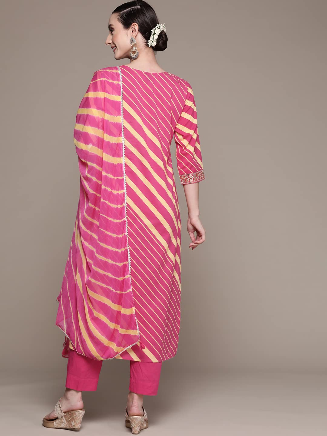 ishin Women's Cotton Pink Embroidered A-Line Kurta with Trouser & Dupatta