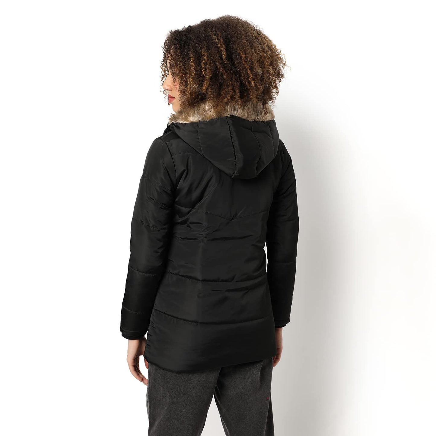 Campus Sutra Women Black Hooded Puffer Regular Fit Bomber Jacket For Winter Wear | Standing Collar | Full Sleeve | Zipper | Casu
