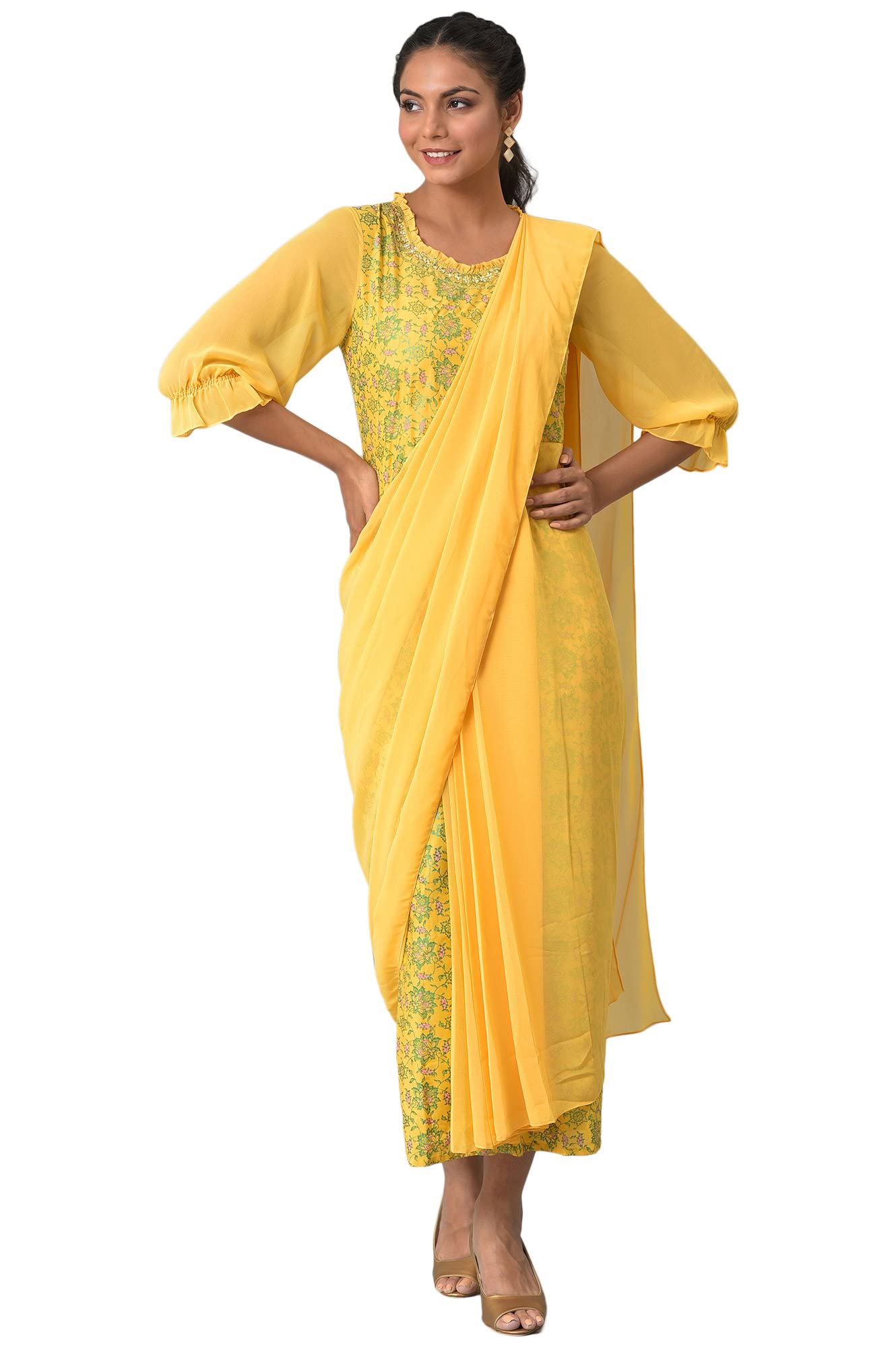 Aurelia Women'S Polyester Fit And Flare Knee-Length Casual Dress (22Aua13600-505307_Yellow