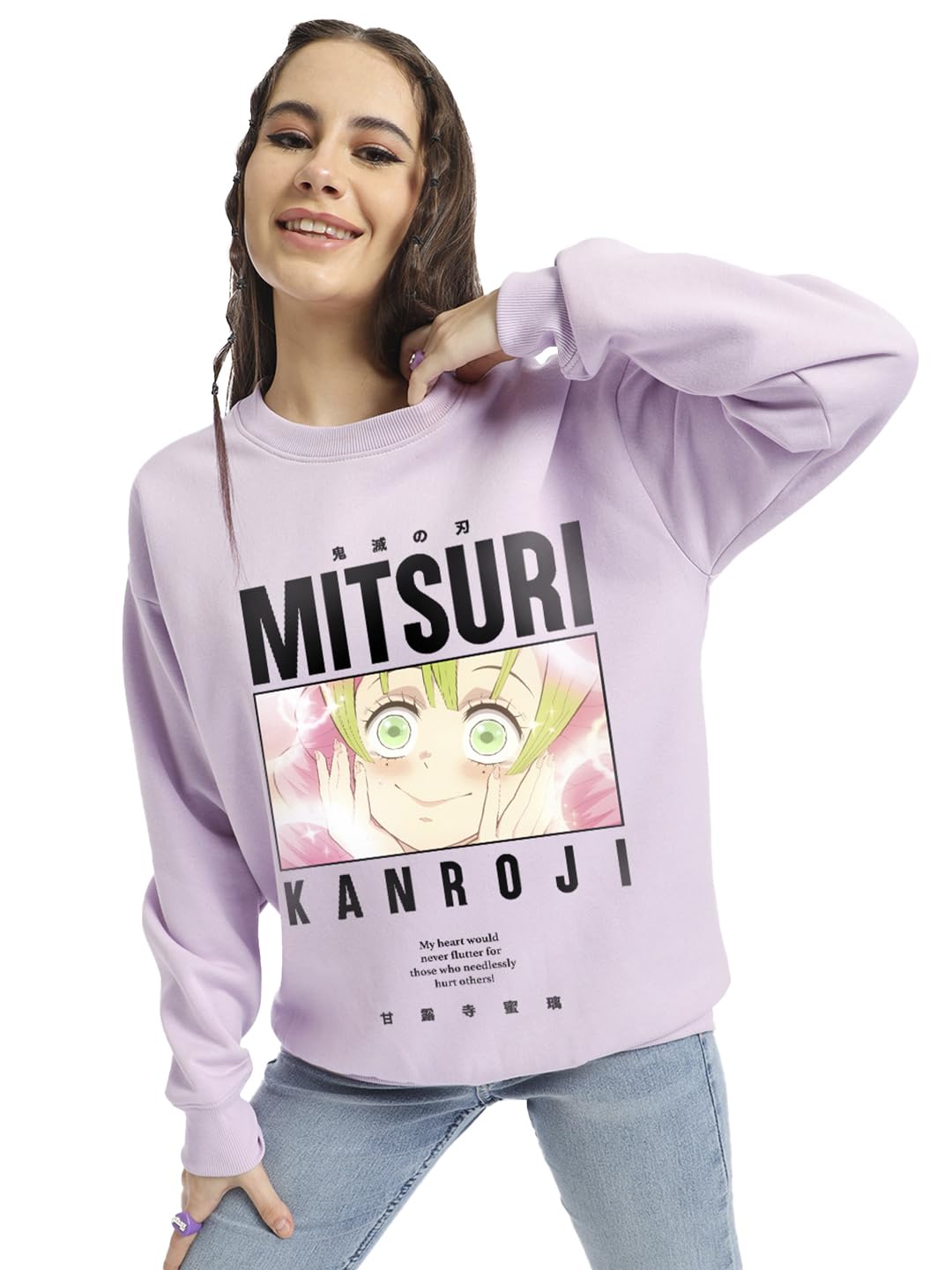 Bewakoof Official Demon Slayer Merchandise Mitsuri Womens Graphic Print Oversized Fit Full Sleeve Round Neck Cotton Poly Sweats