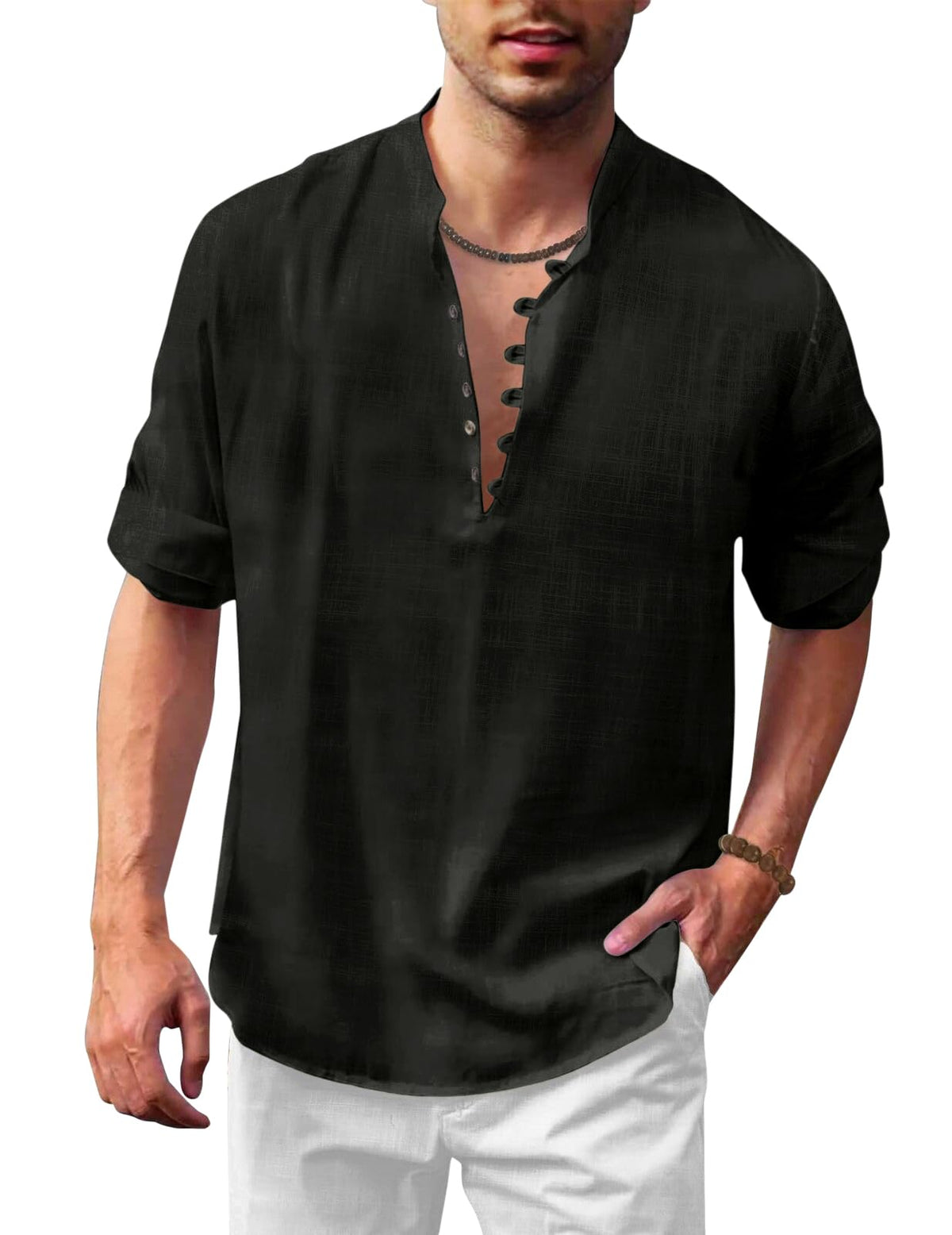 Royalscout MenS Solid Cotton Blend Straight Kurta Shirt | Regular Fit Full Sleeve Short Kurta Black