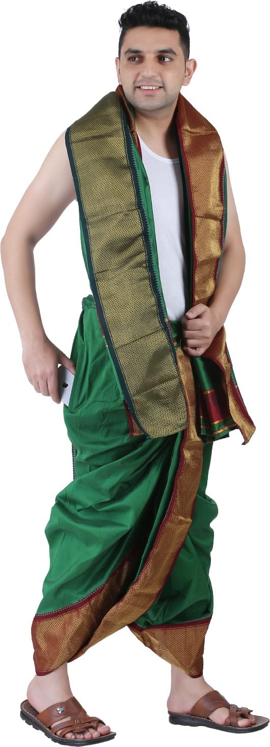 Prakasam Cotton Mens Asha Silk Panchakacham Ready To Wear Dhoti Towel Set With Pocket/Panchakacham Dhoti With Angavastram (Stitc