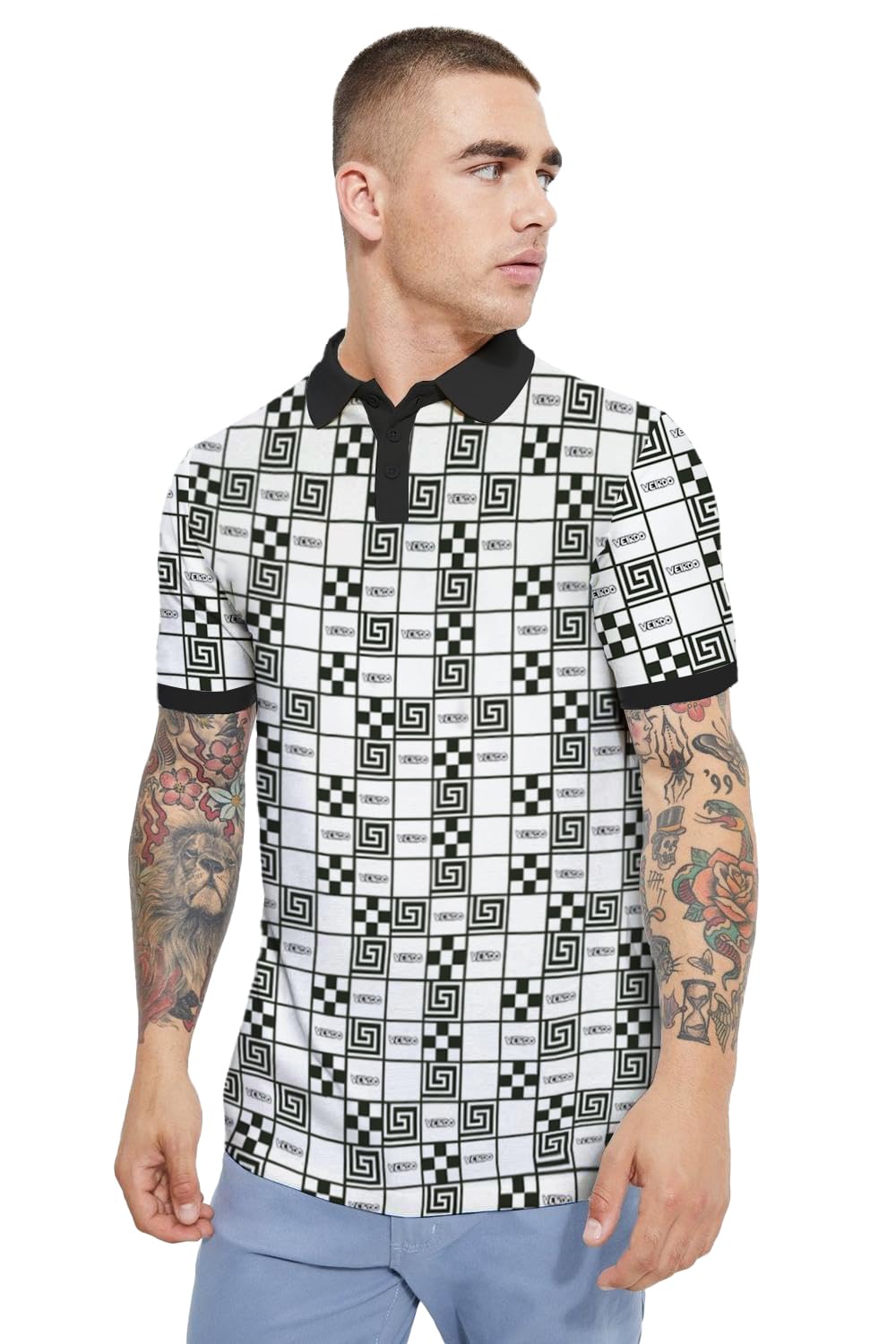 Veirdo Mens Cotton All Over Box Printed Regular Fit Polo T-Shirt
