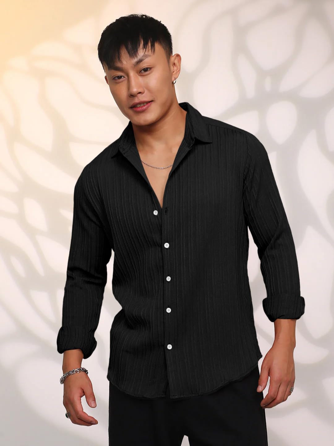 Finivo Fashion MenS Casual Cotton Striped Button Down Shirts Long Sleeve Textured Summer Beach Shirt For Men Black