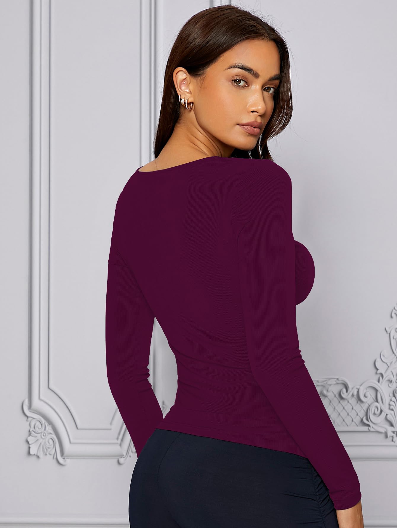 Shasmi Womens & Girls Light Purple Long Sleeve Asymmetrical Neck Solid Color Ruched Front Asymmetrical Hem Tee Workwear Fancy