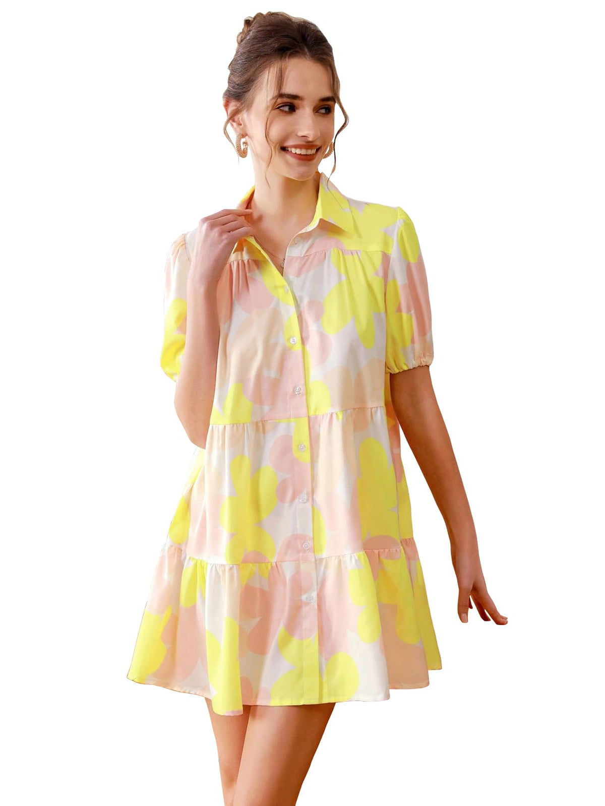 Shasmi WomenS Yellow Flower Print Short Sleeve Button Front All-Over Printed Dresses, Ruffle Hem Smock Dress For Woman (161 Dre