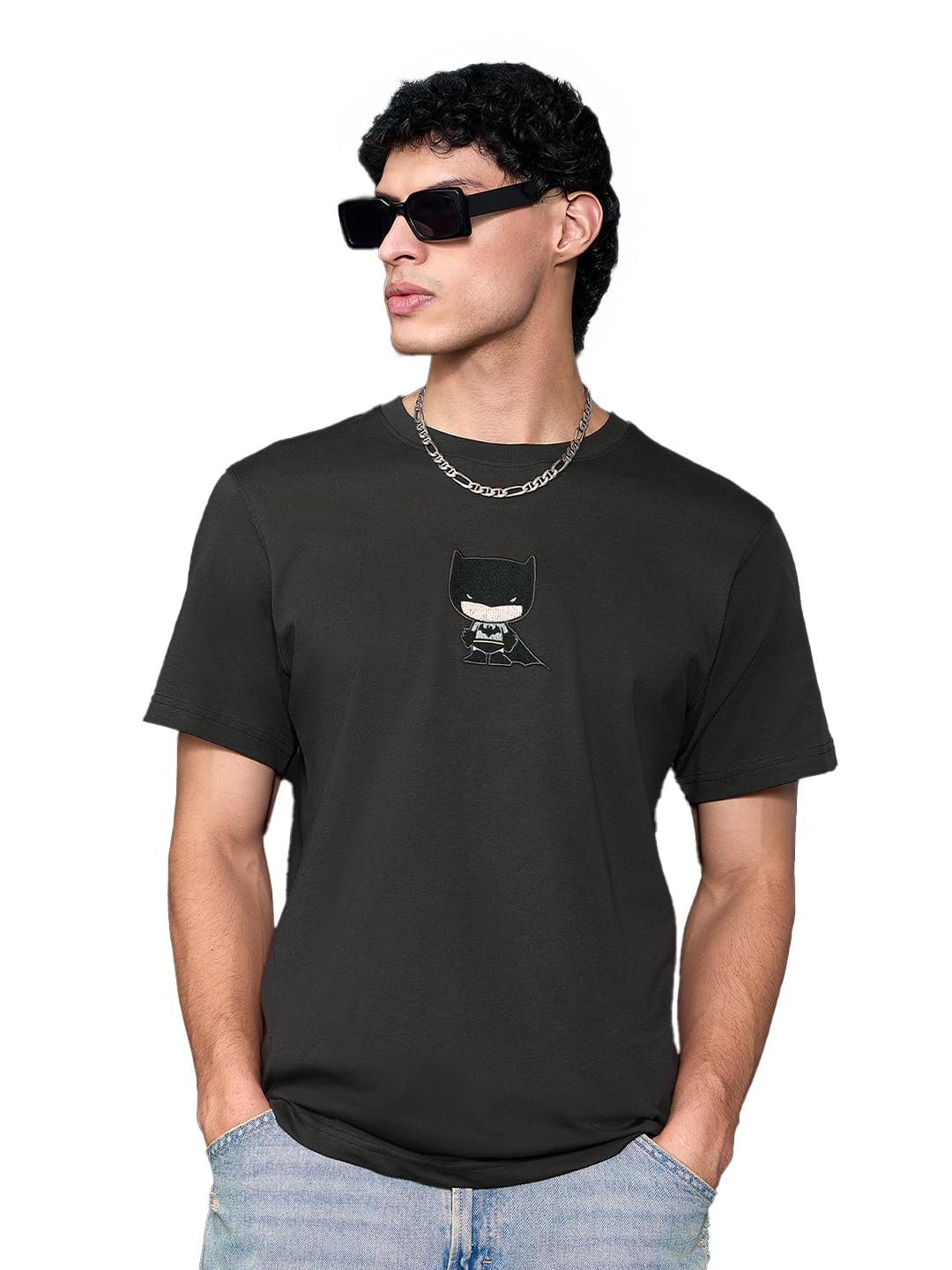 The Souled Store Batman: Chibi Knight Men and Boys Short Sleeves Round Neck Black Embroidered Cotton Relaxed Fit Breathable Ligh