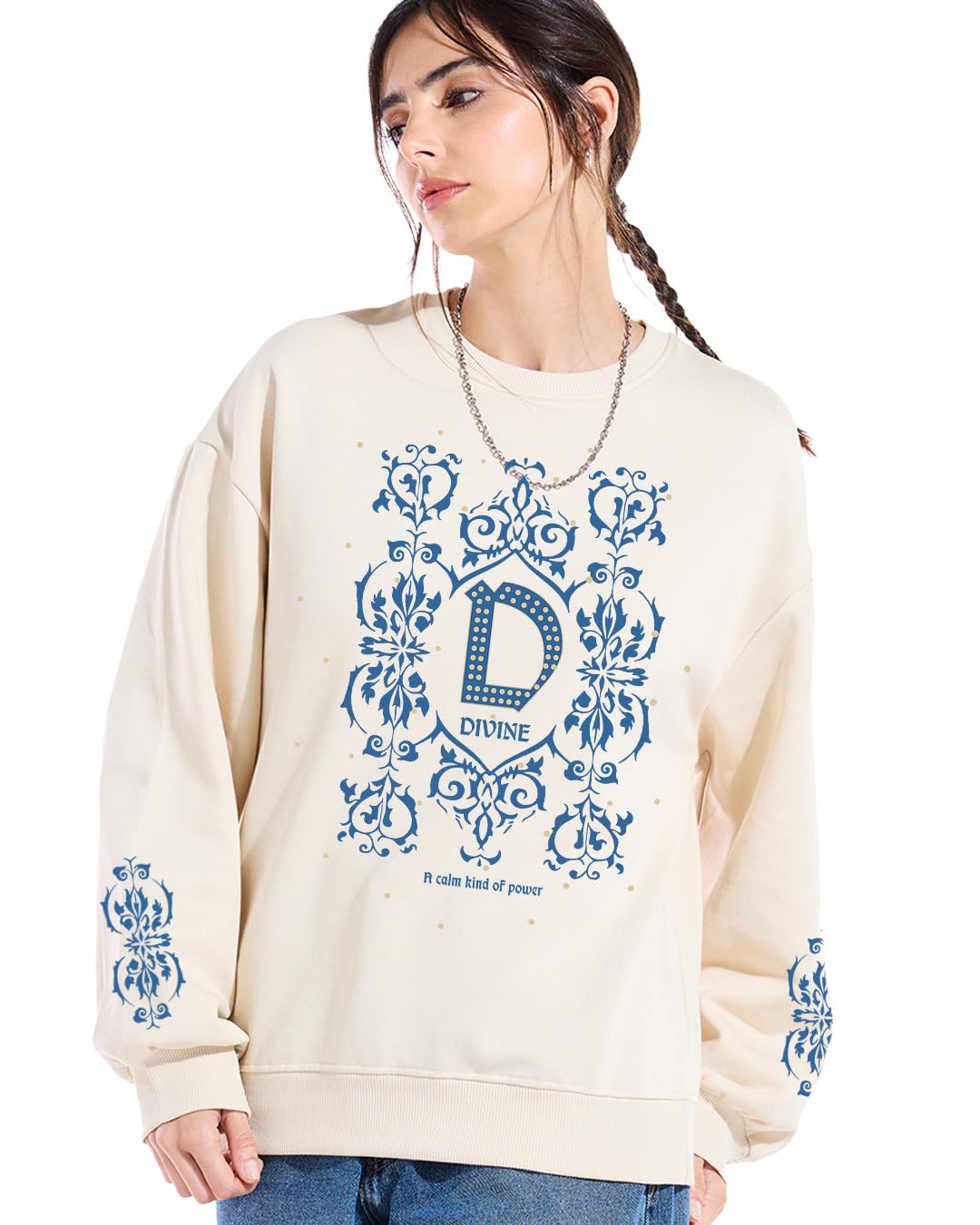 Bewakoof Womens Graphic Printed Oversized Fit Full Sleeve Round Neck Cotton Blend Sweatshirt_694459_Beige_2XL