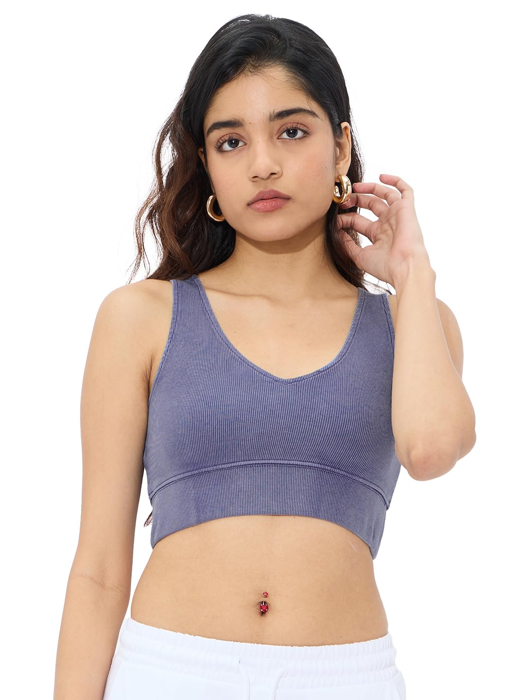 The Souled Store Solids: Acid Wash Lavender Women and Girls Sleeveless V Neck Cotton Blend Slim Fit Bralette Top