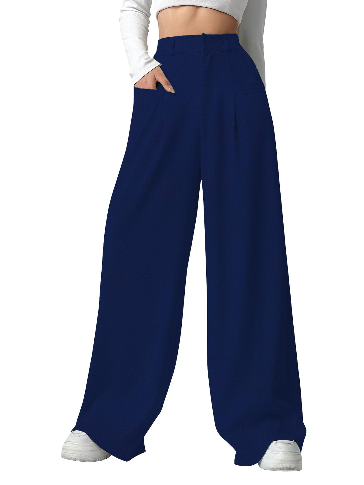 Shasmi Women & Girls Solid Navy Blue Color Loose Fit, Pleated Trousers, Wide Leg Pocket Casual Long Korean Trousers Pant (Pant 1
