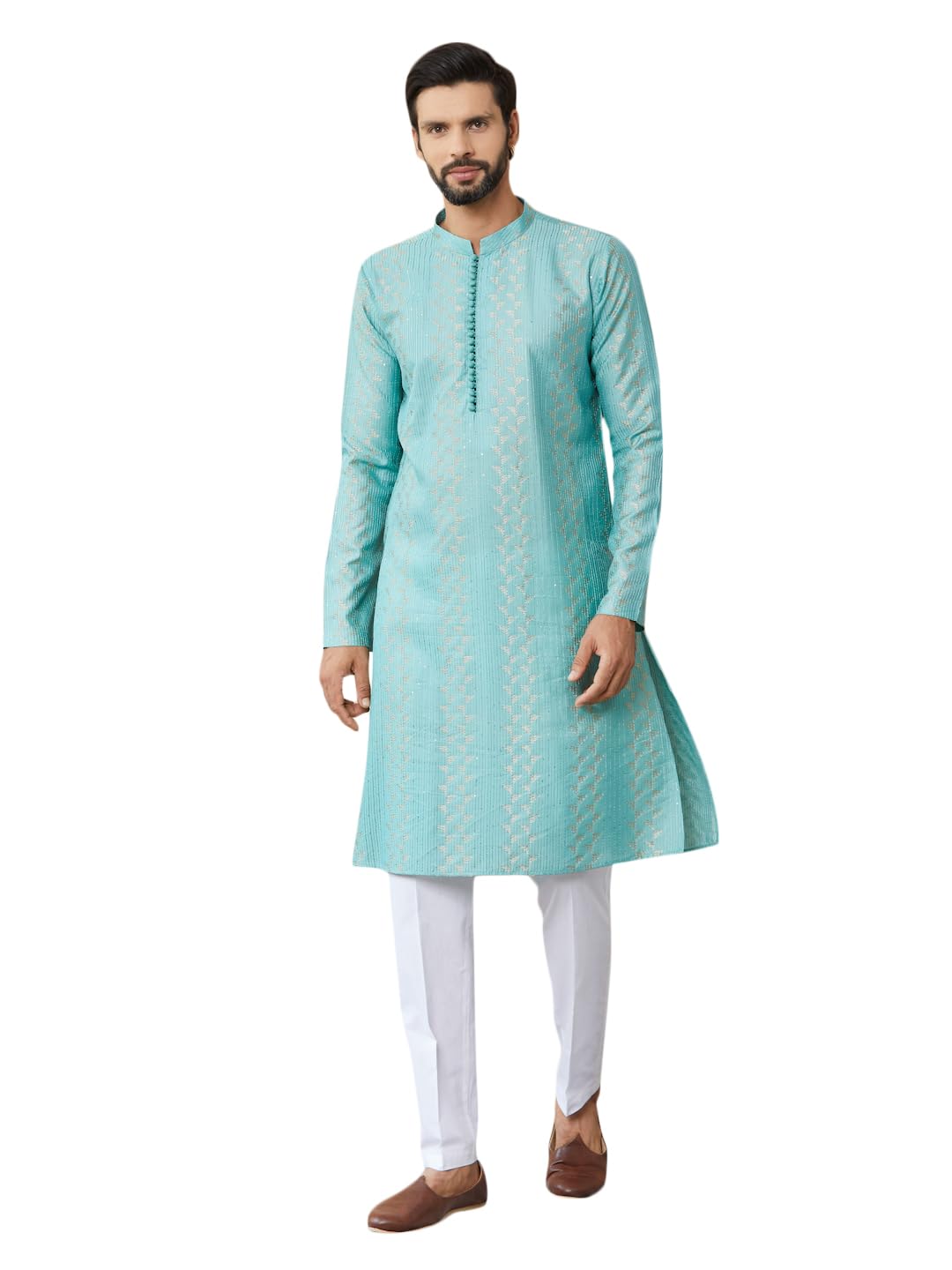 See Designs MenS Long Sleeve Mandarin Collar Side Slit Ice Green Embroidered Thread Work Sequinned Chanderi Silk Straight Kurta