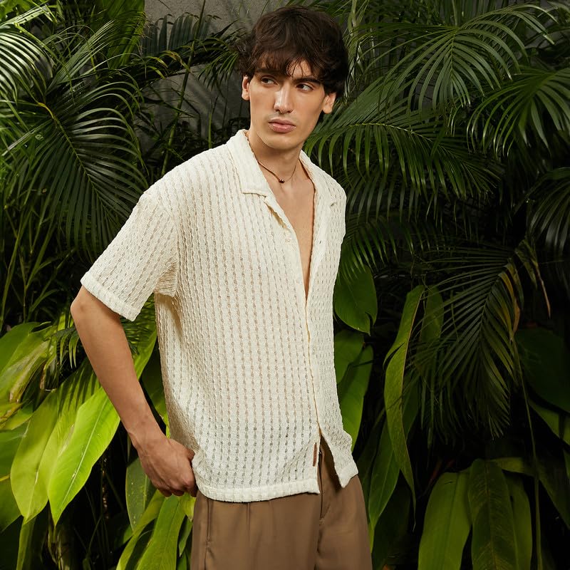 Campus Sutra Mens Cream White Striped Knit Oversized Shirt for Casual Wear | Cuban Collar | Short Sleeve | Button Closure | Ove