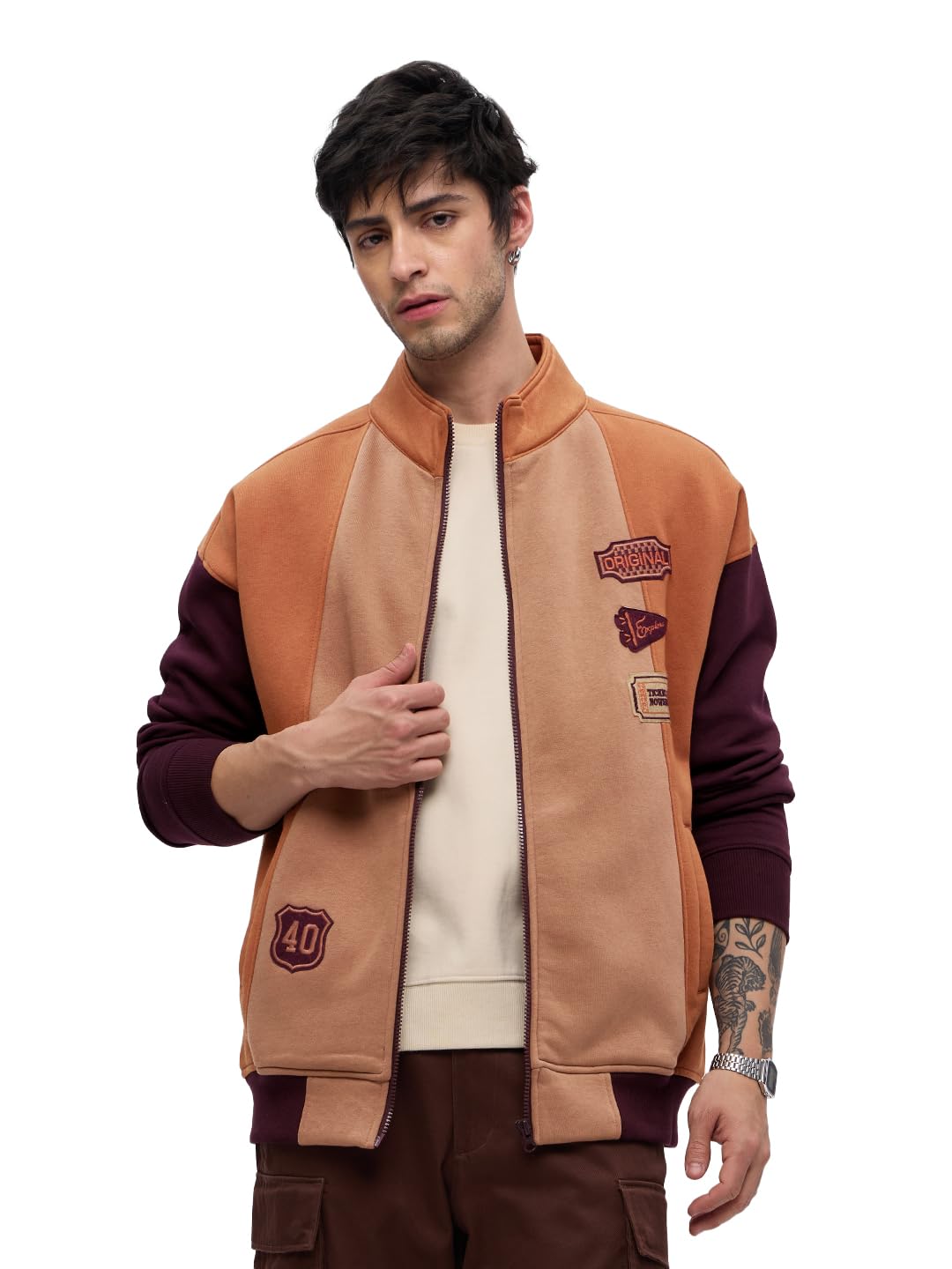 The Souled Store Ticket To Nowhere Men and Boys Long Sleeves Stand Collar Zipper Front Brown Cotton Blend Oversized Racer Jacket