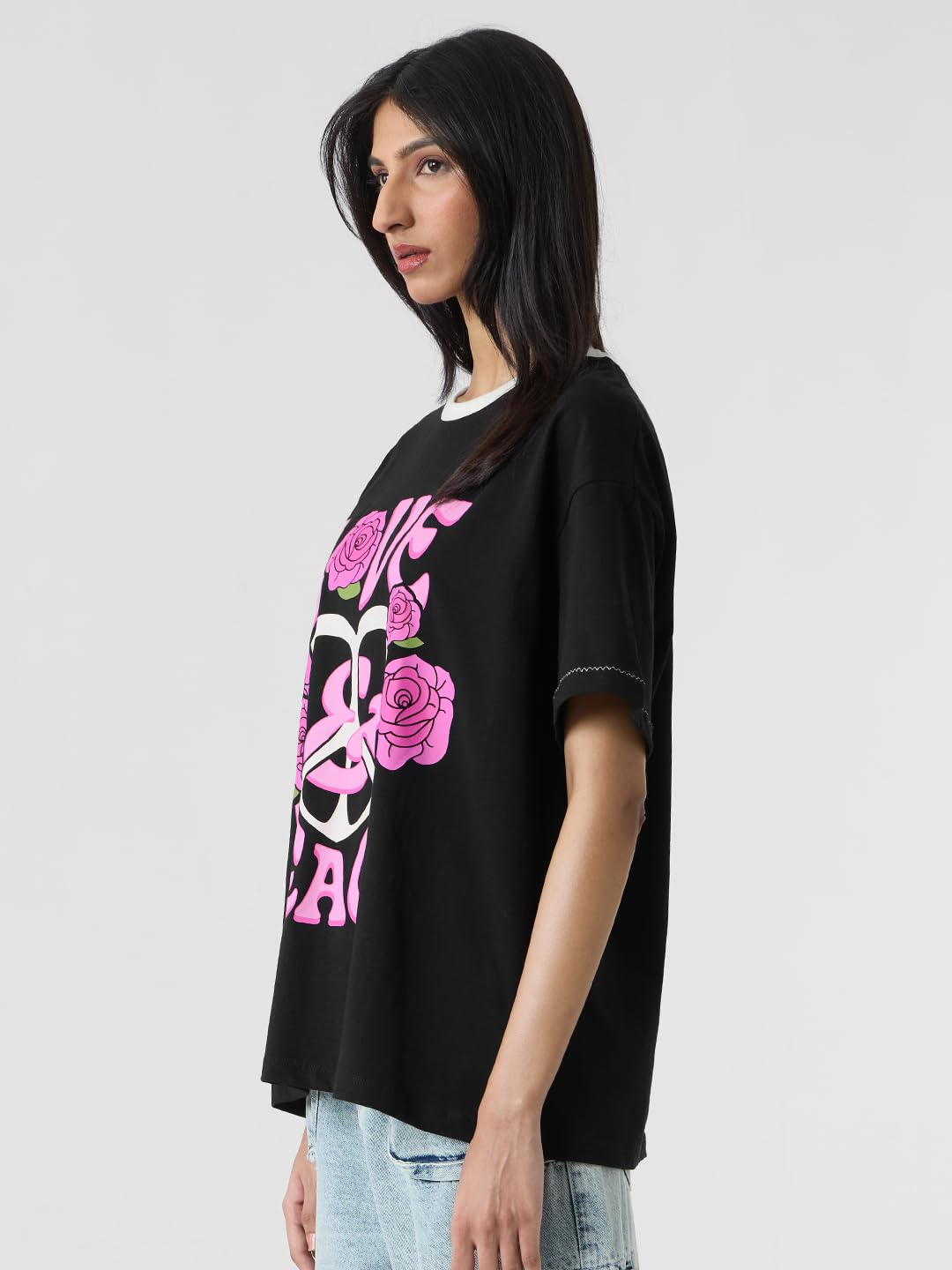 The Souled Store Peace & Love Women and Girls Short Sleeves Round Neck Black Graphic Printed Cotton Oversized T-Shirts
