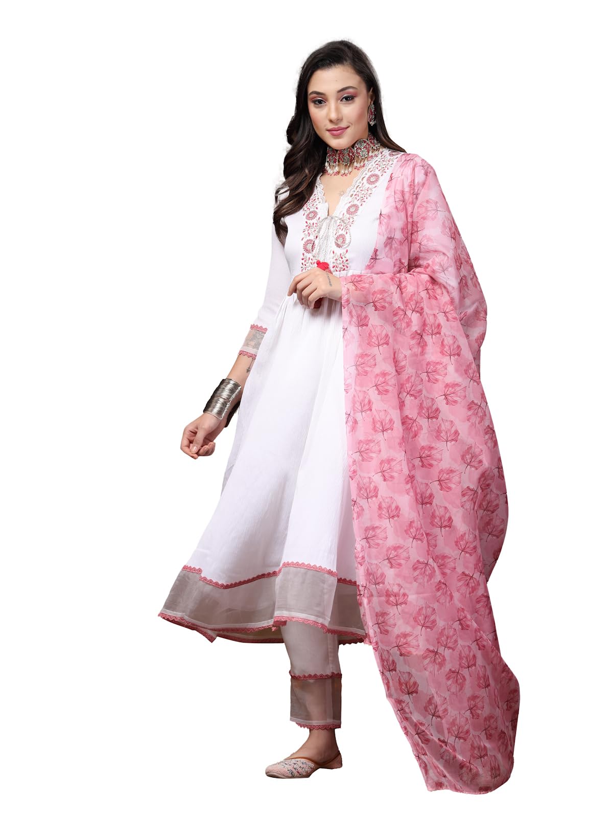 Stylum WomenS White Solid & Embroidered Italian Crush Anarkali Kurta Pant Dupatta Set