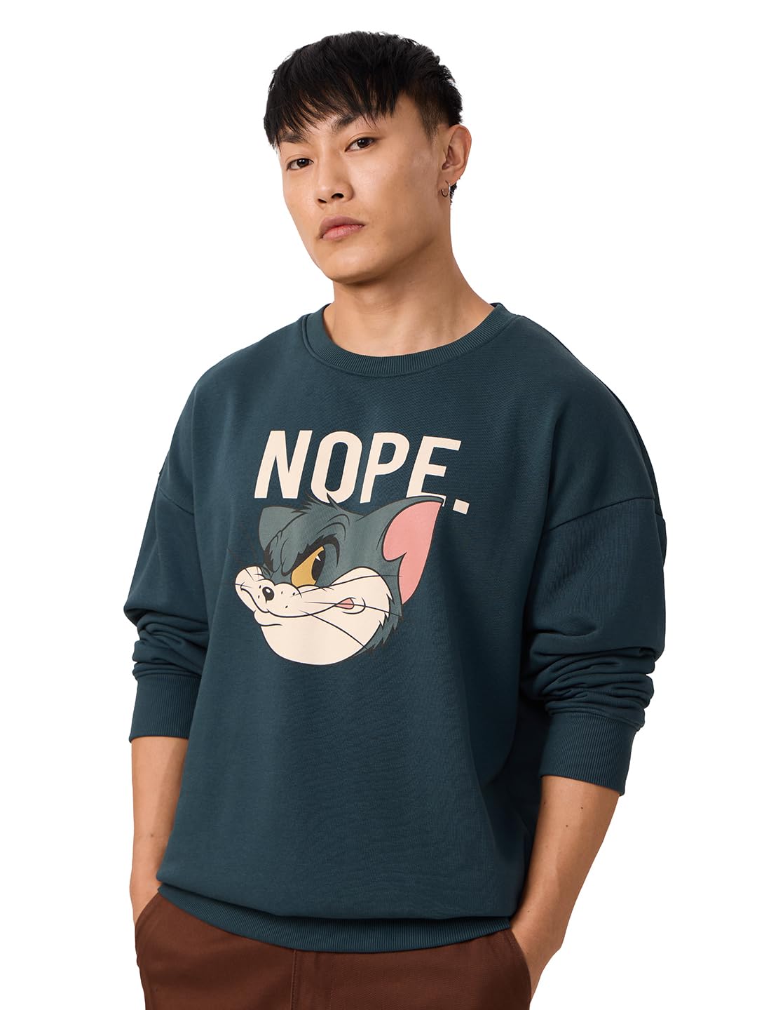 The Souled Store Official Tom & Jerry : Nope Men and Boys Long Sleeves Round Neck Cotton Blend Oversized Sweatshirts Blue