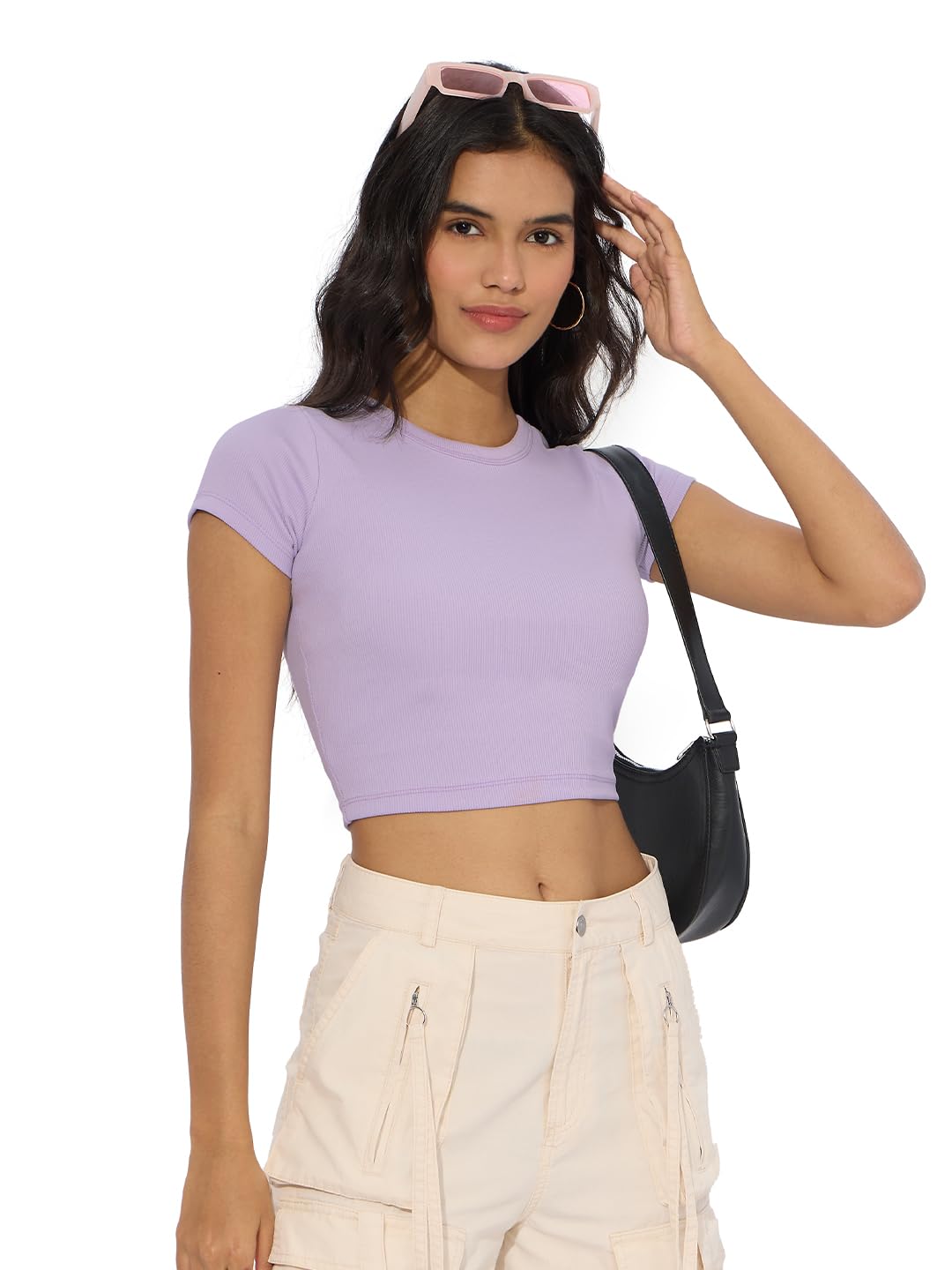 The Souled Store Solids: Lavender Women and Girls Short Sleeves Round Neck Cotton Blend Regular Fit Ribbed Cropped Tops