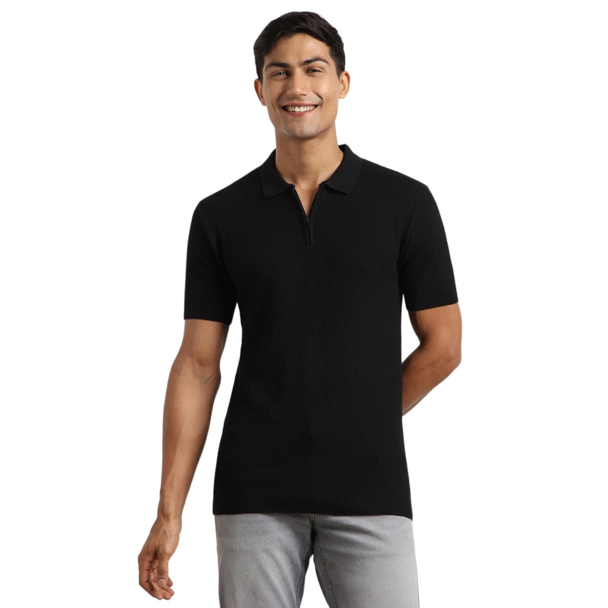 Nobero MenS Self Design Regular Fit Polo Shirt (1M-Twpo-R0014_Black