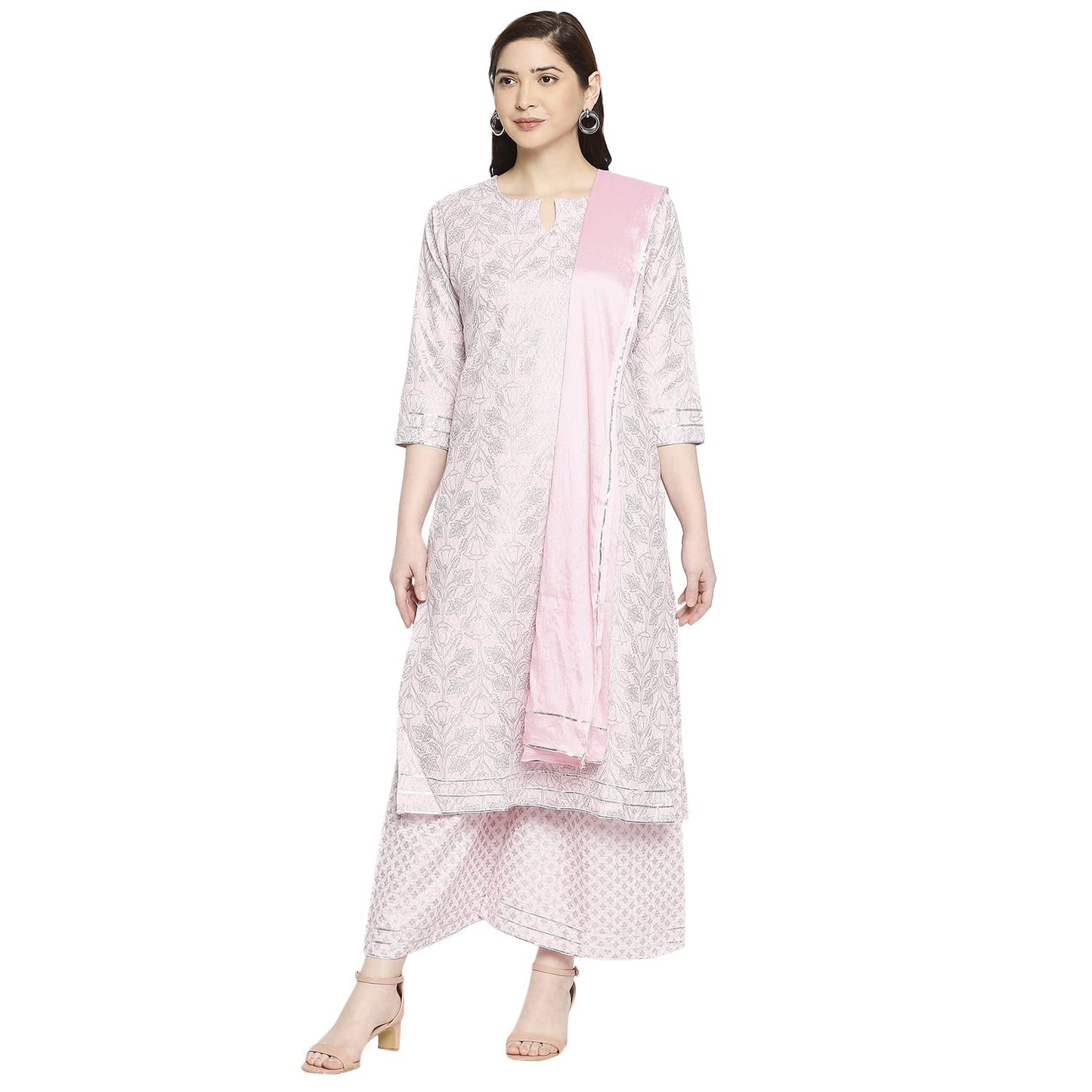 ANNI DESIGNER Women's Cotton Straight Kurta with Palazzo & Dupatta (DOLI Pink_GSK)