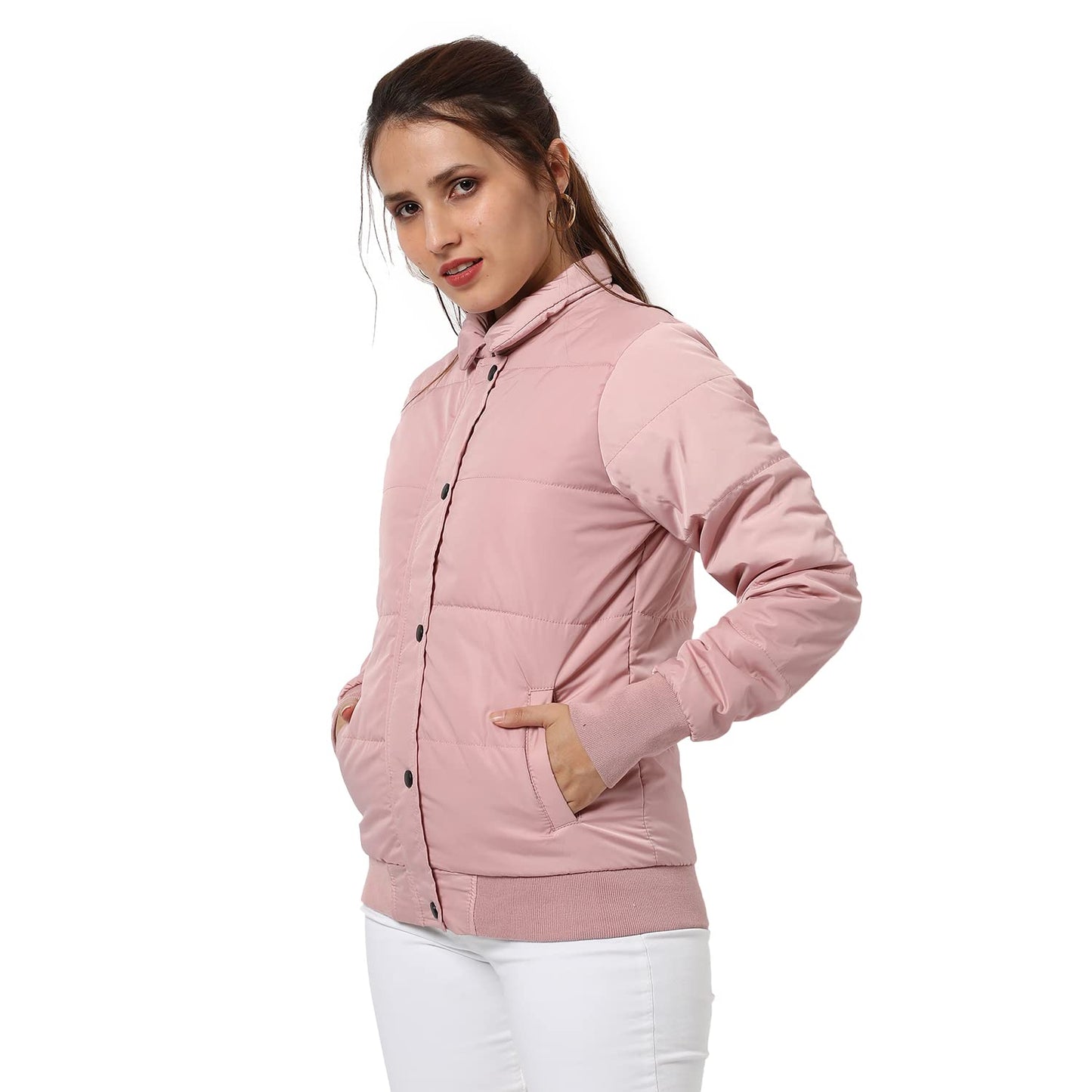 Campus Sutra Womens Pink Puffer Regular Fit Bomber Jacket For Winter Wear | Standing Collar | Full Sleeve | Buttoned | Casual J
