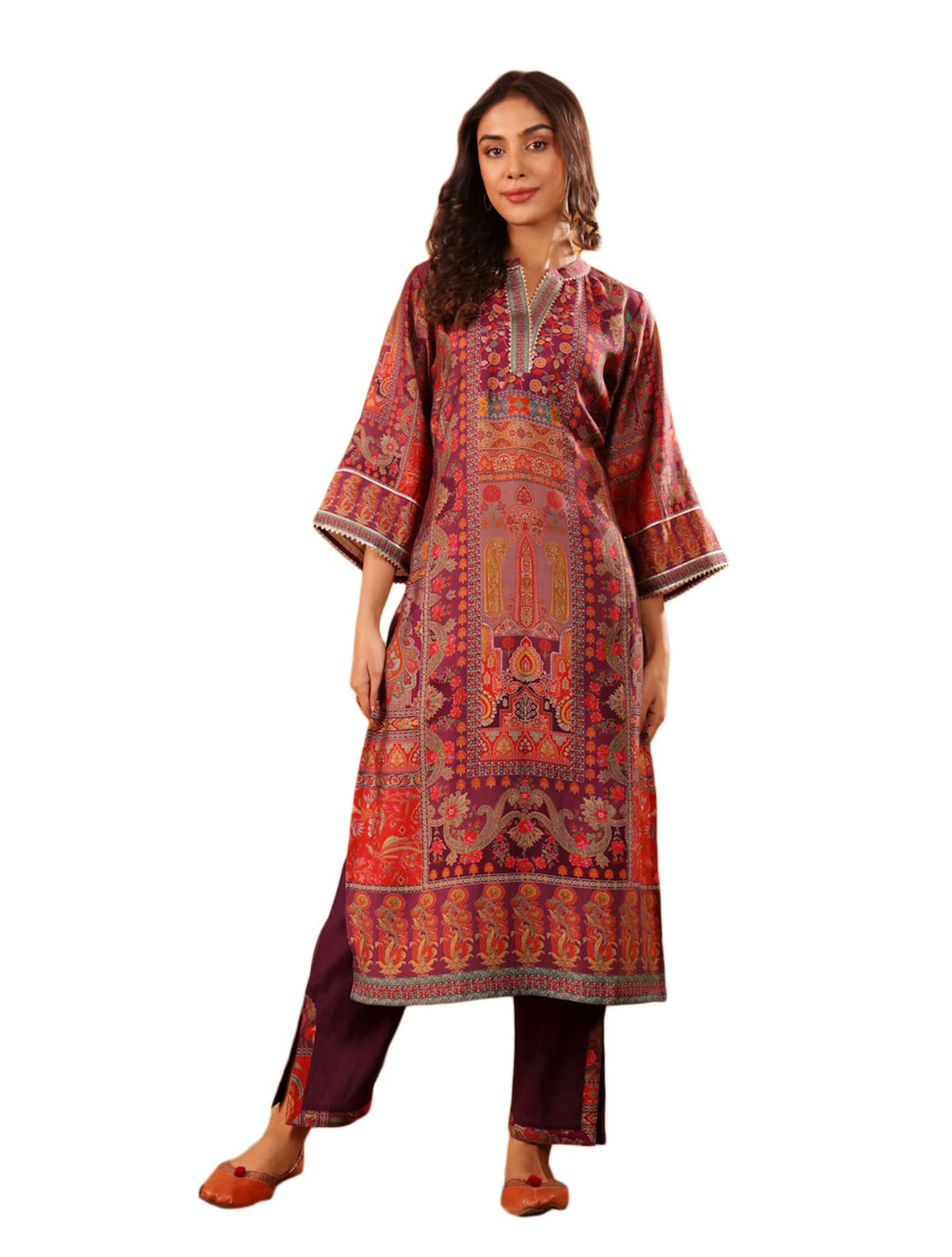 Varanga Women Pink Floral Printed Gota Embellished Flared Sleeve Kurta With Solid Trouser & Dupatta Elegant Ethnic Set