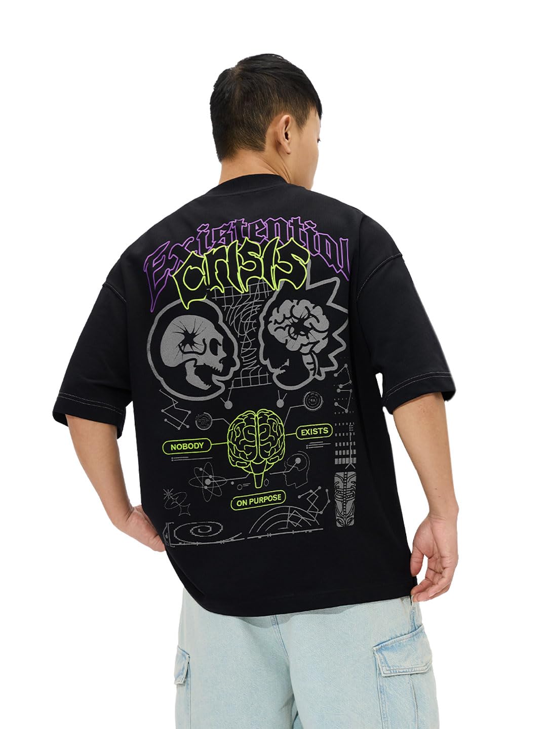 The Souled Store Rick & Morty: Existential Crisis Men and Boys Short Sleeves Round Neck Black Graphic Printed Cotton Super Overs
