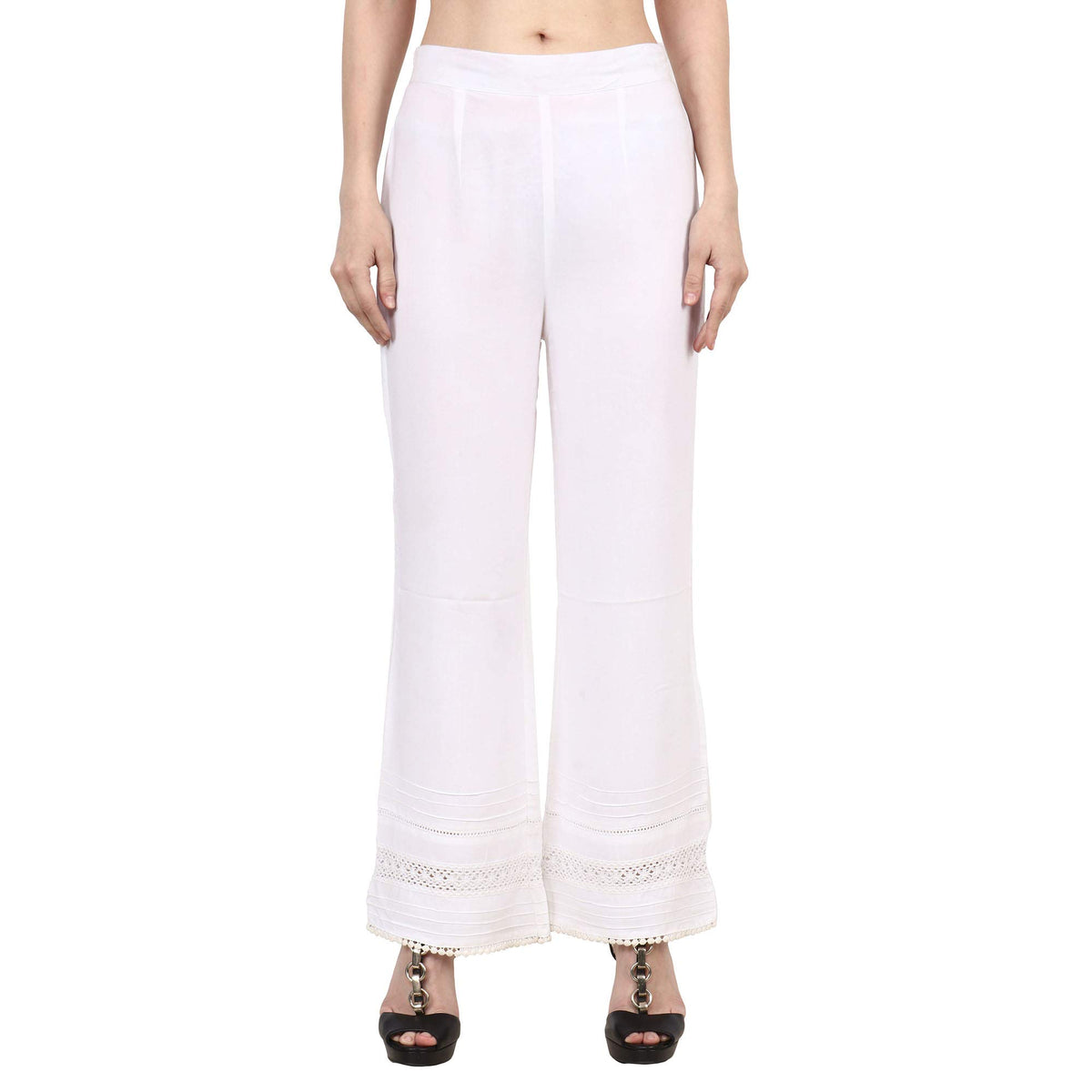 Popwingscasual Rayon White Flat Front Straight Leg Lace Work Palazzo For Women || Pull-On Palazzo For Women || Long-Length Summe