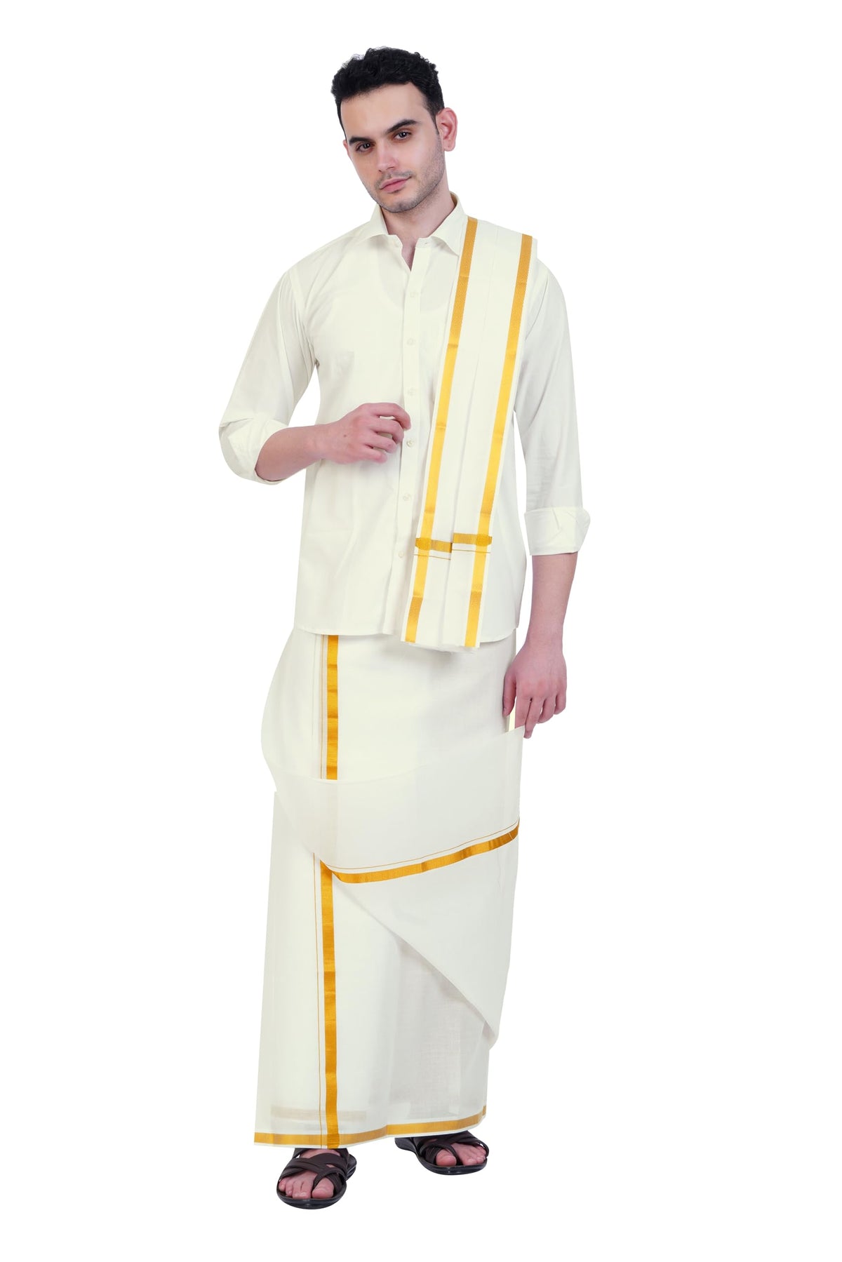 Prakasam Cotton Mens Cotton Wedding Set- A Pure Cotton Full Sleeve White Shirt + A Pure Cotton 8 Yard Dhoti (1.28X3.70 Mtrs) + S
