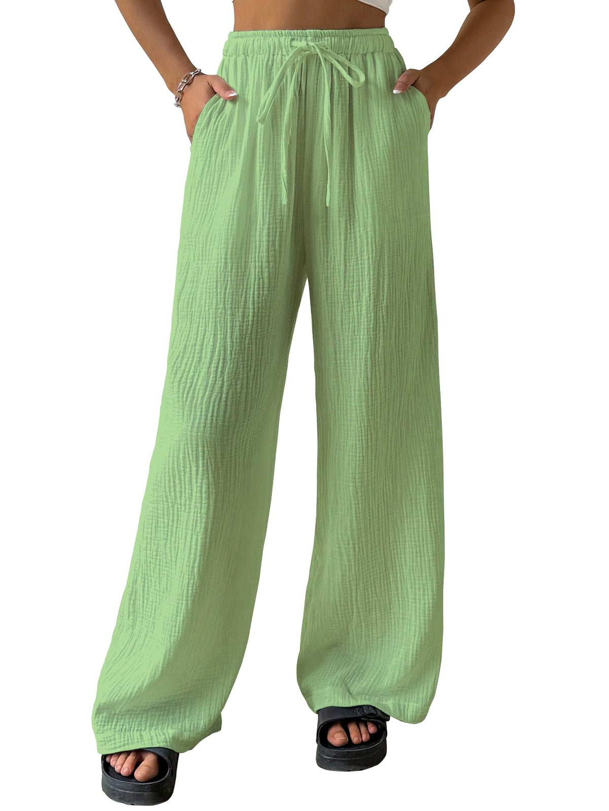 Shasmi Womens Pista Green Loose Wide-Leg Pants with Textured Wrinkled Fabric and Drawstring Waist Long Trousers (Pant 157 Pista
