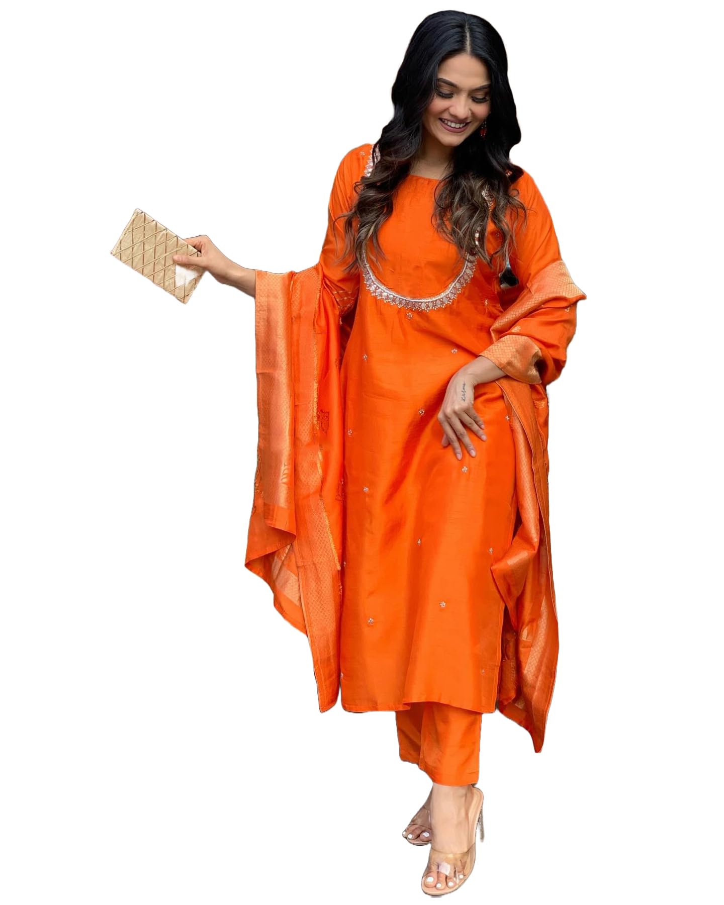Gosriki WomenS Silk Blend Straight Embroidered Kurta With Pant & Dupatta (Deluxe Orange-Vks01-Gs_4Xl_Orange_Xxxx-Large)