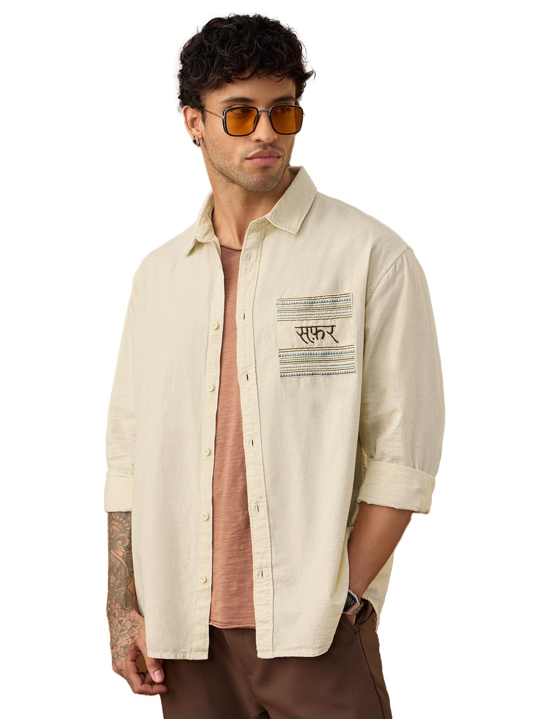 The Souled Store Cotton-Linen: Safar Men and Boys Long Sleeve Spread Collar Button Front Beige Embroidered Regular Fit Cotton Li