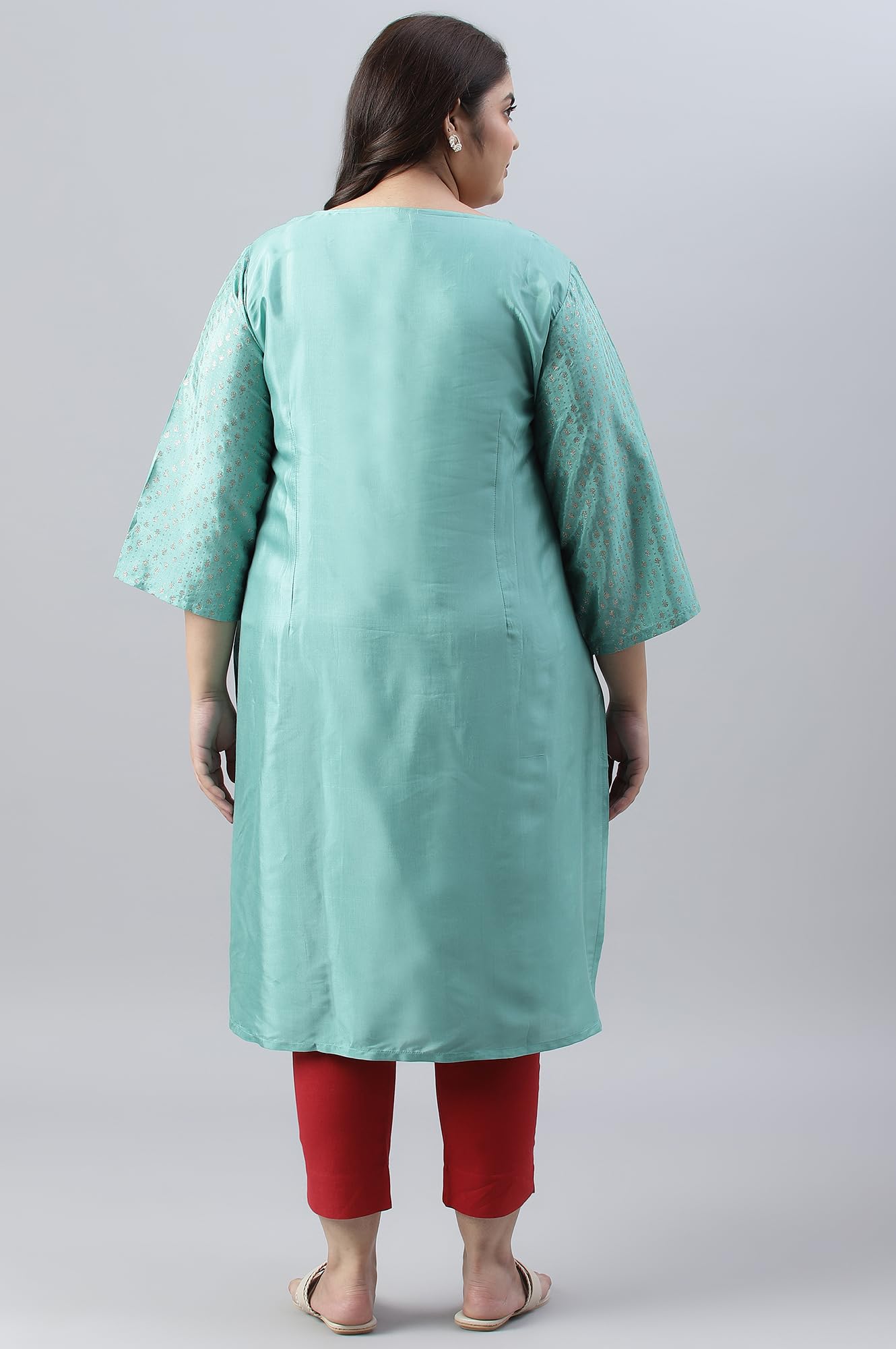 W for Woman Green and Ecru Mock Layered Printed Plus Size Kurta