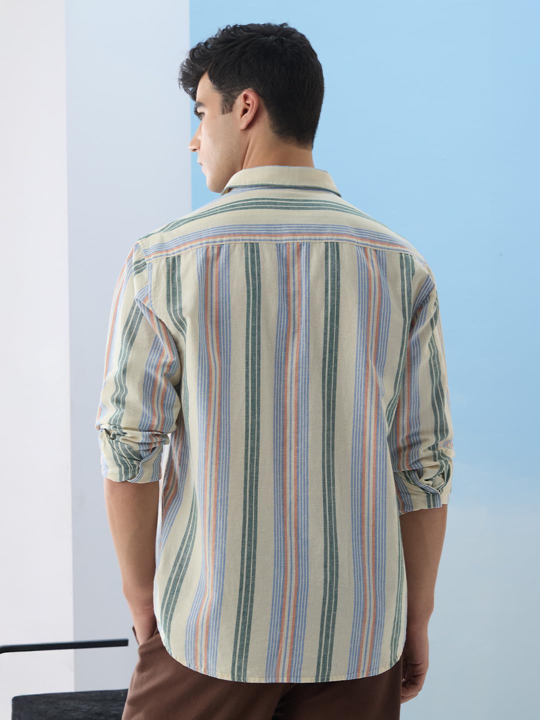 The Souled Store Cotton Linen Stripes: Sunset Lines Men and Boys Long Sleeve Collared Neck Button Front Multicolored Striped Reg