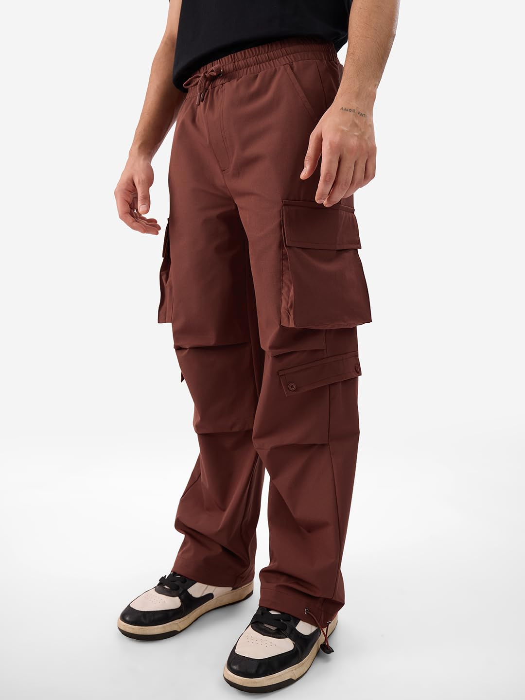 The Souled Store Solids: Deep Brown Men and Boys Elasticated Toggles Leg Closure Cotton Baggy Fit Parachute Pants